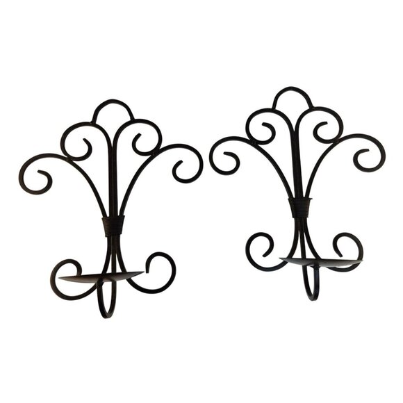Iron Black Wall Sconce Candle Holders Set Of 2 Decorative Scroll Design 12" Tall - Picture 2 of 8